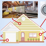 Illustration of a house with inset images showing interior photos