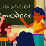 Illustration showing teacher pointing to a chalkboard with a pointer while a student looks on